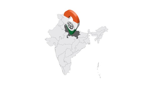 Location Uttar Pradesh on map India. 3d Uttar Pradesh emblem map marker location pin. Map of India showing different parts. 4K.  Animated Video