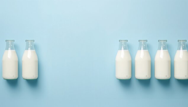 Row of glass milk bottles against a blue backdrop. Overhead shot with empty space for text.