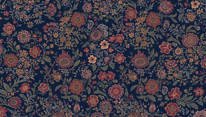 Seamless ornamental and floral textile design featuring intricate Mughal-style blossoms and elegant Islamic motifs in dark blue hues
