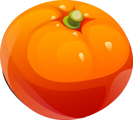 Cartoon raw ripe persimmon fruit. Isolated vector glossy, orange fruit with a green stem and smooth succulent texture. Healthy dessert, tropical plant, juicy, fresh and appetizing meal