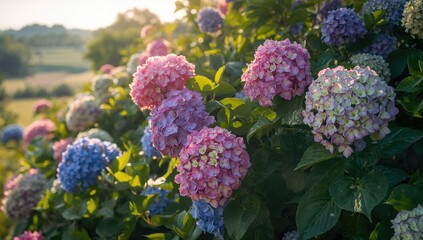 Lovely hydrangea shrub with vibrant pink, blue, purple, and green blooms in a rural setting. Close-up horizontal shot of hydrangea flowers.