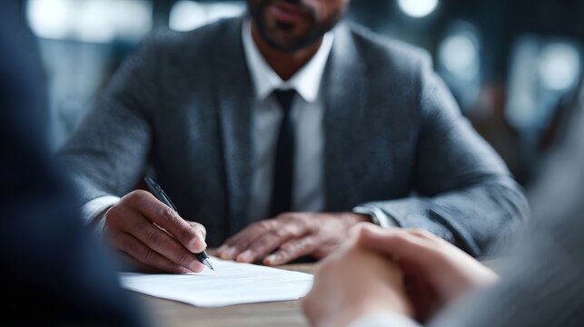 Business professionals gathered for a meeting one executive signing an important document while others look on signifying a formal agreement