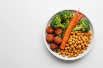 Nutritious meal featuring broccoli, carrots, and chickpeas arranged on a plate, viewed from above against a white backdrop with space for text