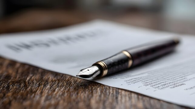 A fountain pen rests on a legal document ready for signing symbolizing important business agreements and decisions