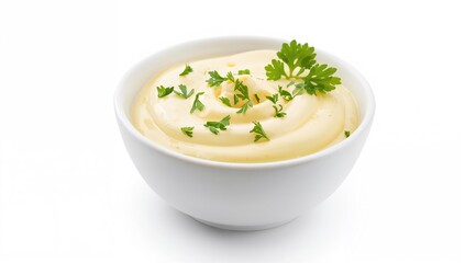 Tasty mayonnaise served in a dish garnished with parsley on a white backdrop