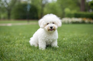 Adorable White Bichon Frise Puppy Playing on Lush Lawn