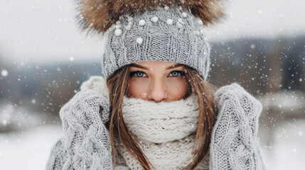 Beautiful Young Woman in Warm Winter Clothes Covered in Scarf and Knitted Hat with Snow Falling