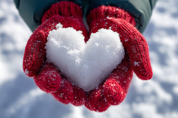 Heart-shaped snowball in hands wearing red knitted gloves