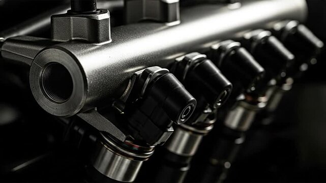 Close up of a fuel injector rail system on a car engine.