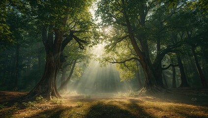 Obraz premium A foggy dawn in a forest clearing