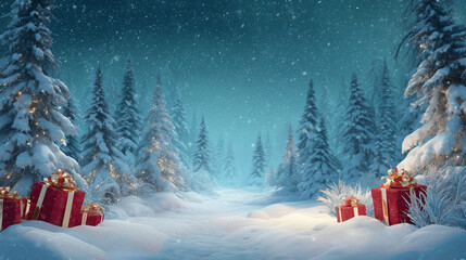 Magical Christmas Night Scene in a Snow-Covered Forest with Gifts and Falling Snow