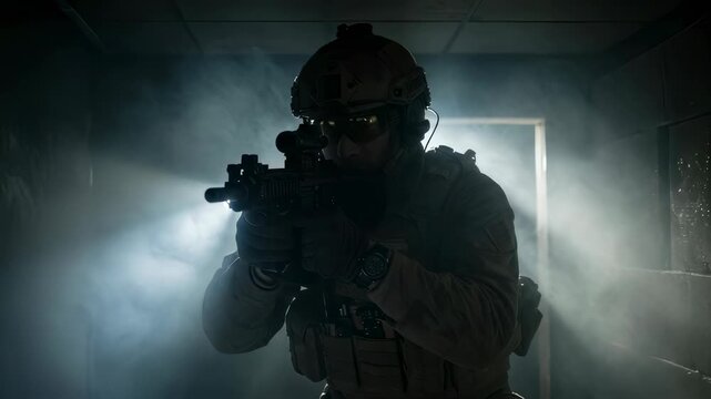 Soldier with tactical gear and a flashlight looking through a doorway in a dark room during a military operation footage.