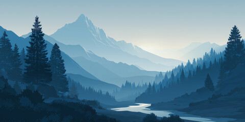 Minimalist Landscape of Serene Blue Mountains, Pine Forest, and River