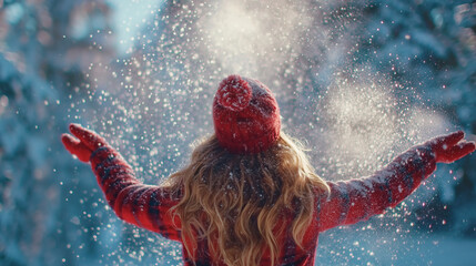 happy young woman throwing snow into the air in a winter forest