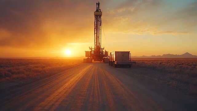 Oil Drilling Rig Operating in the Desert at Sunset.