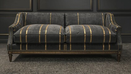 Our sofa showcases a sophisticated and daring look with its rich black and gold striped pattern, combining smooth contours and soft padding for a modern aesthetic.
