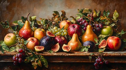 Vibrant Assortment of Fresh Fruits and Leaves on Wooden Surface