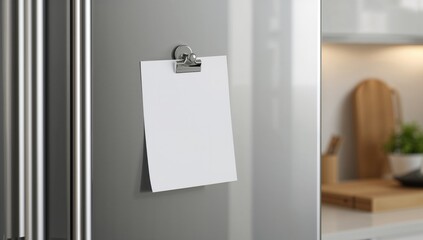 Blank paper sheet attached to fridge door using a magnetic clip for writing notes