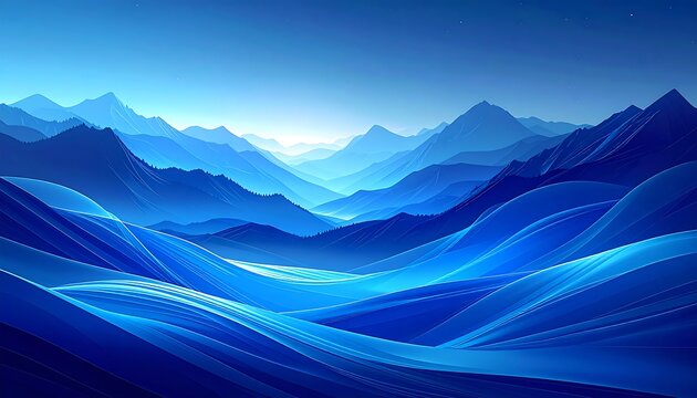 A serene landscape, gradient of blues depicts layered mountains under a clear sky. Abstract waves shape the foreground. Evoking tranquility and depth