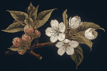 Detailed hand-drawn fruit tree branch with spring blossoms for creative projects
