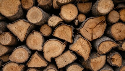 Close-up of stacked pine logs ready for cold season heating