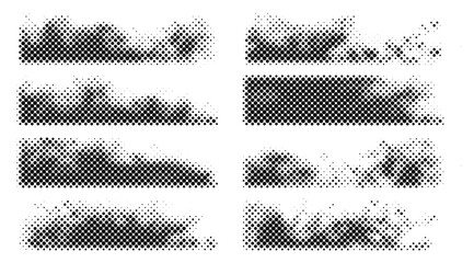 Set of distressed black halftone textures arranged horizontally presents a retro comic book style aesthetic with grainy dot patterns and uneven edges over a white background