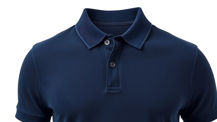 A navy short-sleeve polo shirt with ribbed details, showcasing classic casual wear.