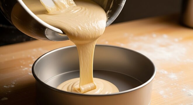 Pouring fresh cake batter into a round metal baking pan.