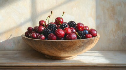 Fresh Cherries and Blackberries in Wooden Bowl on Tabletop