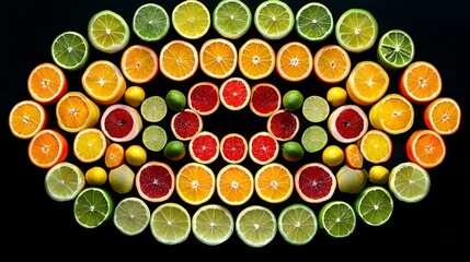 Vibrant Display of Fresh Citrus Fruits in Vivid Colors on Black Background