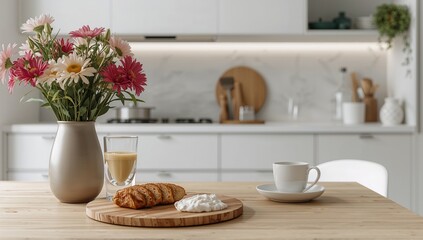 Obraz premium Creative concepts. Detailed view of a floral arrangement and a Latin-inspired morning meal on a dining surface. Contemporary luminous kitchen design featuring wood and white accents