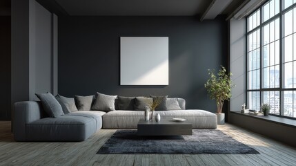 Dark modern living room with large window and blank canvas. Use to showcase interior design or add your own artwork.