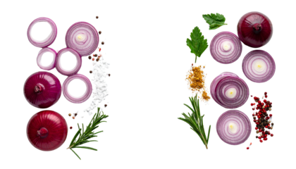 Bundle of red onion with colorful cooking spices isolated on transparent background