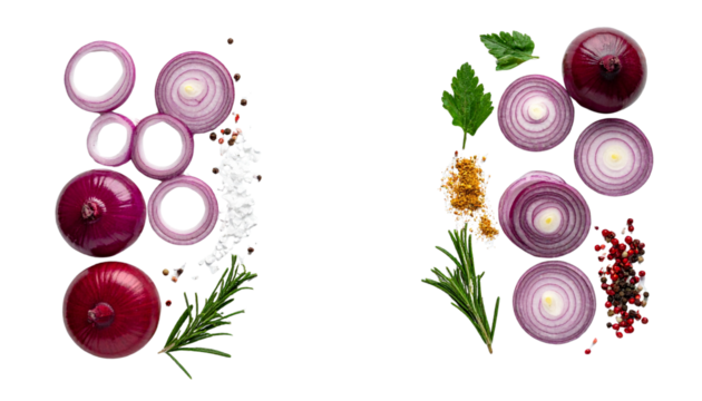 Bundle of red onion with colorful cooking spices isolated on transparent background