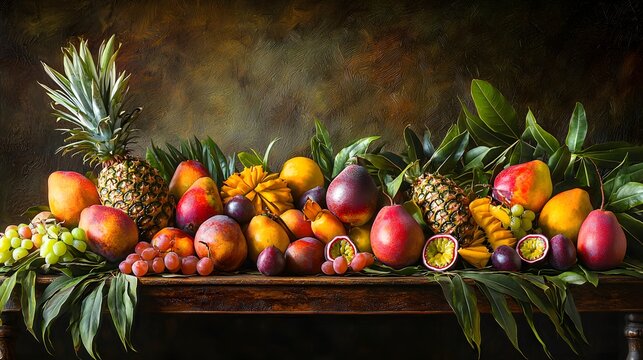 Colorful Arrangement of Fresh Tropical Fruits on Wooden Table