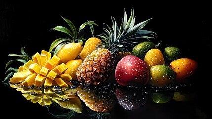 Vibrant Assortment of Tropical Fruits with Reflections on Black Surface