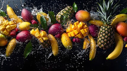 Fresh Tropical Fruits with Splashing Water on Dark Background