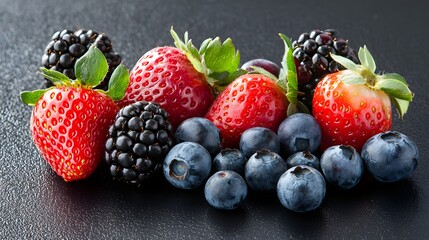Obraz premium Fresh Mixed Berries Display on Dark Background with Detailed Texture