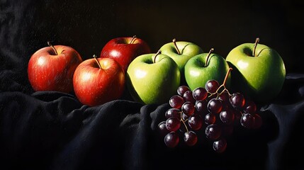 Fresh Apples and Grapes on Dark Background for Healthy Eating
