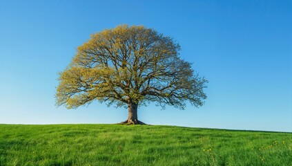 Fototapeta premium Lone Tree Amidst Green Meadow Under Clear Blue Sky, Springtime Nature Scene