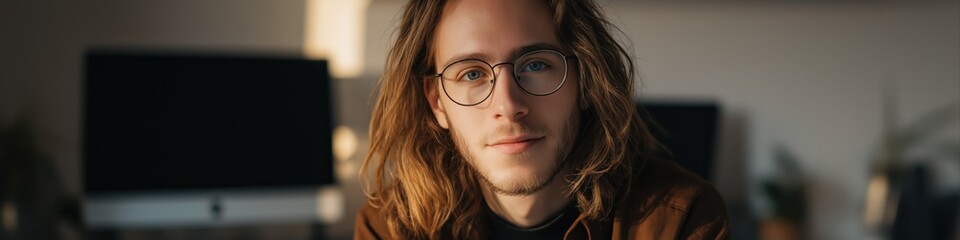 Obraz premium Young caucasian male with glasses working in modern office environment