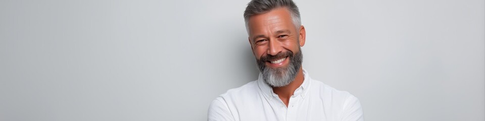 Obraz premium Smiling mature caucasian male with grey hair in white shirt against plain background