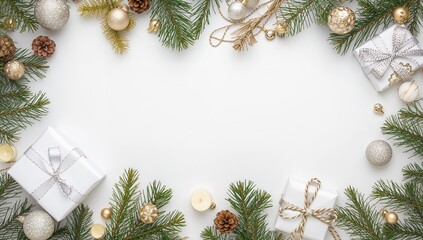 Fototapeta premium Festive arrangement featuring evergreen twigs, ornaments, pinecones, candles, treats, and elegantly wrapped presents on a plain white backdrop, top-down perspective