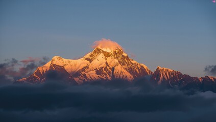 Witness the breathtaking sunrise over towering peaks, where majestic mountains glow with golden light in a tranquil Himalayan dawn.