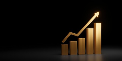 Golden bar chart with upward arrow on black background
