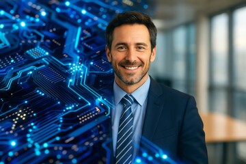 Smiling businessman with a circuit board background representing technology