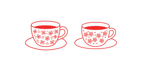 Floral Tea Cups on Saucers Red Outline Vector Illustration for a Cozy Afternoon Break