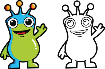 Cartoon alien character illustration set, colorful and outline versions with waving gesture and antennae, space theme, vector clipart, design asset