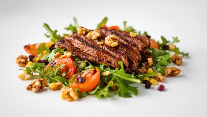 Fototapeta premium Walnut and Beef Salad with Grilled Corn, Yuzu Tomato, and Fresh Greens on a White Backdrop