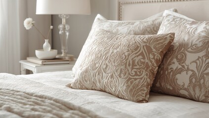 Elegant plush cushion adorning bed in a stylish bedroom setting - Retro light effect